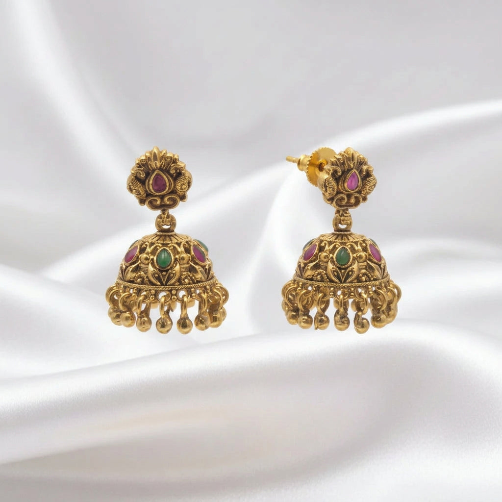 Gold-Plated Antique Small Paisley Stud Multi-Color Stone Jhumkas