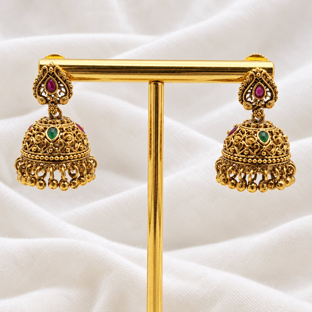 Gold-Plated Antique Small Paisley Stud Multi-Color Stone Jhumkas