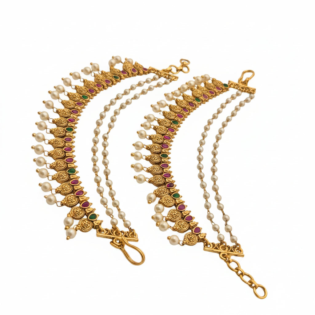 Traditional Antique Temple Matils Ear Chains with Pearls