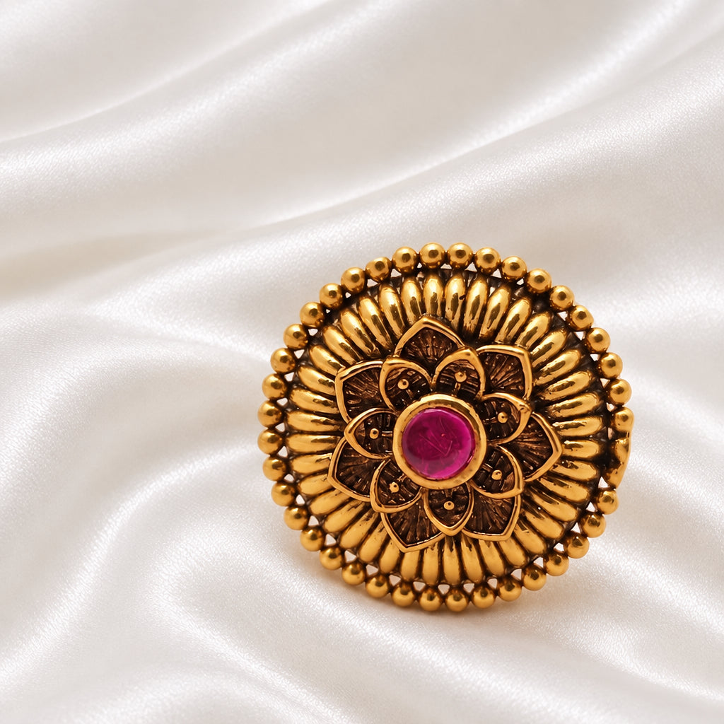 Antique Gold Tone Lotus Statement Ring with Ruby Center Stone