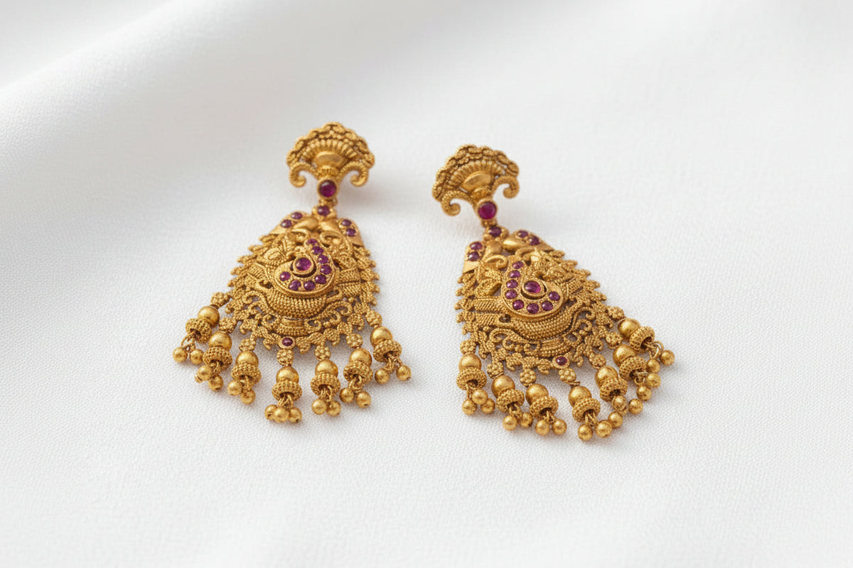 Traditional Antique Temple Lakshmi Haram with Bead Drops