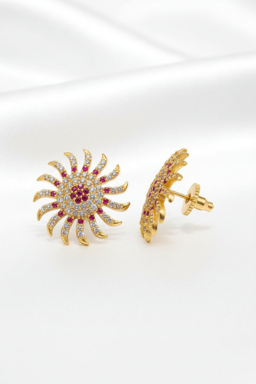 Gold Plated Ruby Floral Stud Earrings With Shimmering CZ Sunburst Halo
