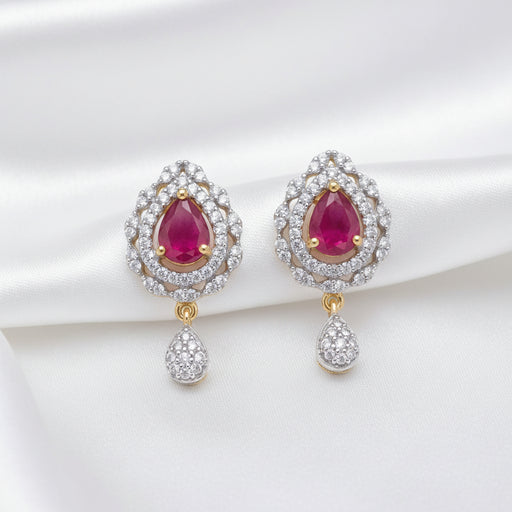 Gold Plated Elegant Teardrop CZ Drop Earrings – Pink, Blue & Green Stone CZ Stone Cluster Hanging Earrings