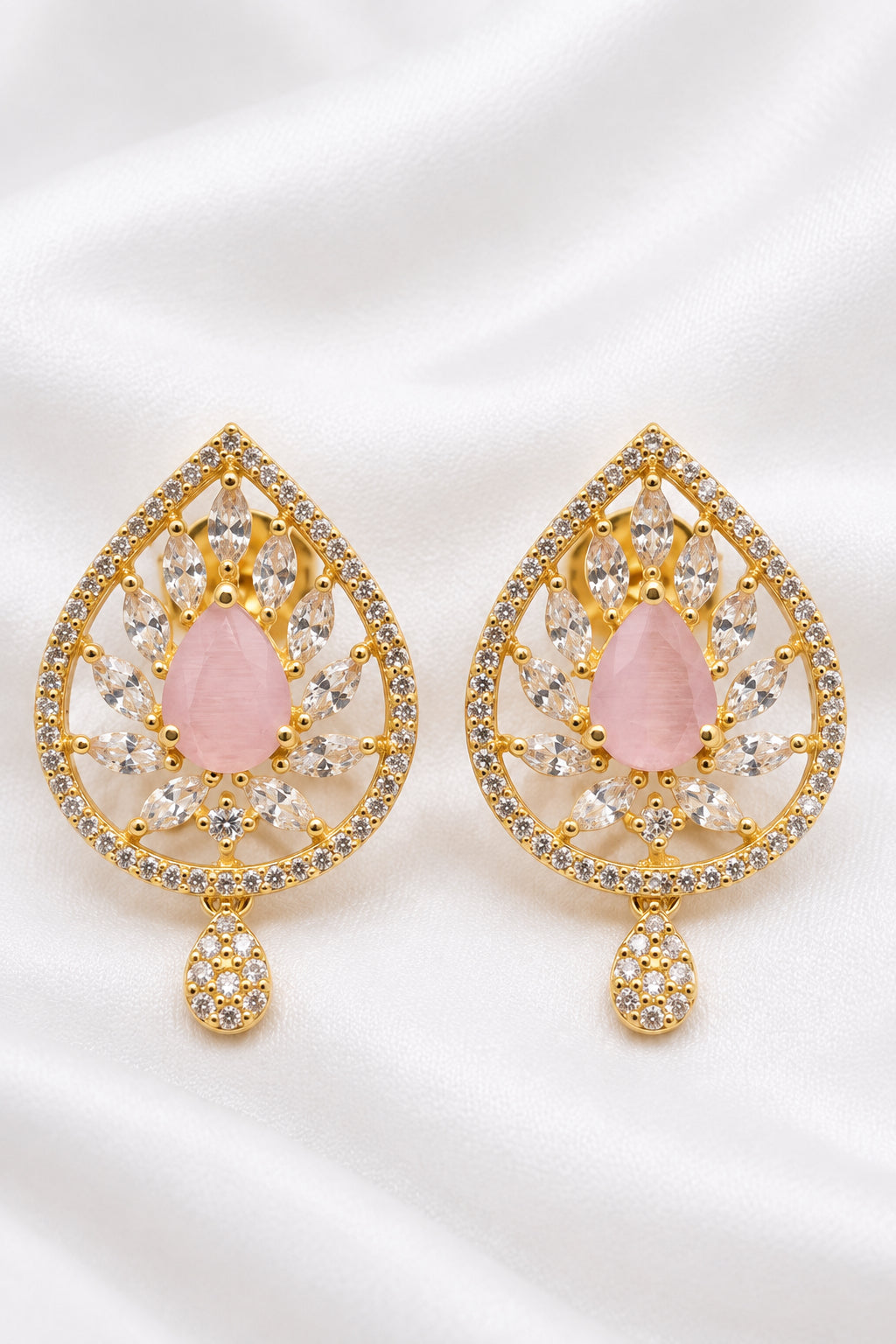 Gold Plated Traditional Pastel Pink CZ Drop Earrings With Halo