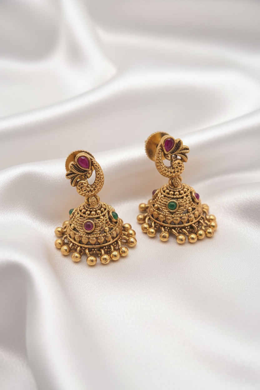 Antique Gold Plated Peacock Top Kemp Stone Jhumkas