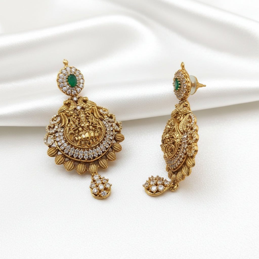 Antique Gold Plated Goddess Lakshmi Temple Drop Earrings