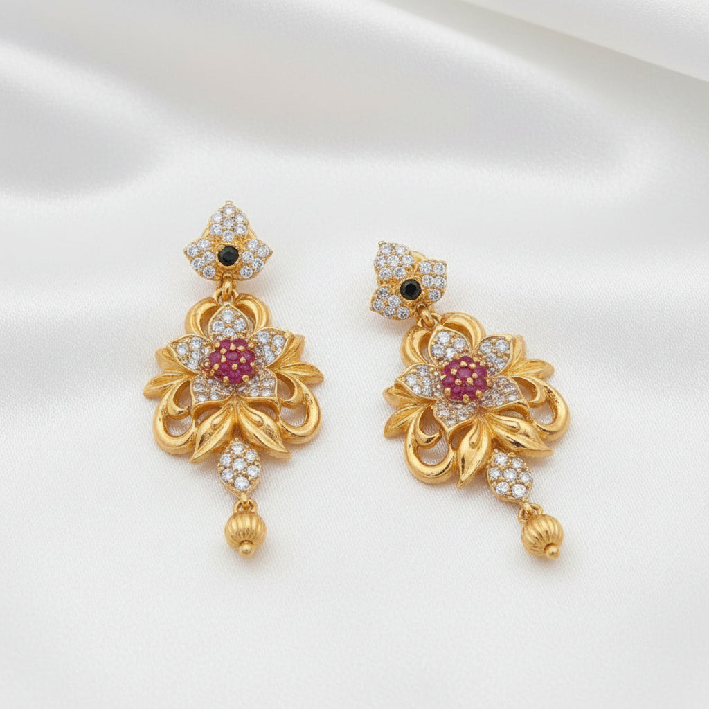 Traditional Gold Plated Floral Motif Ruby CZ Earrings