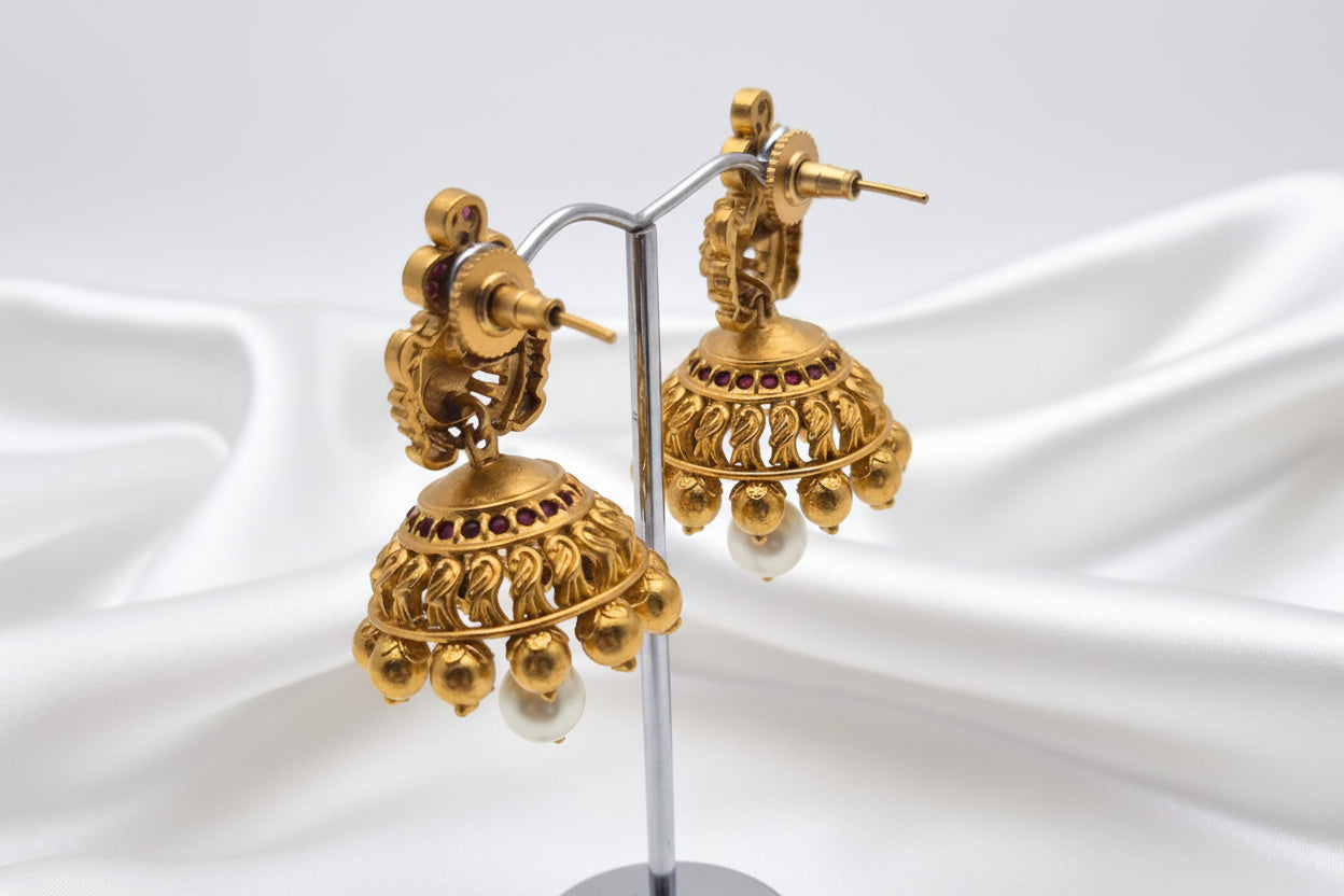 Traditional Multi Ruby Stone Studded Matte Finished Temple Jhumka