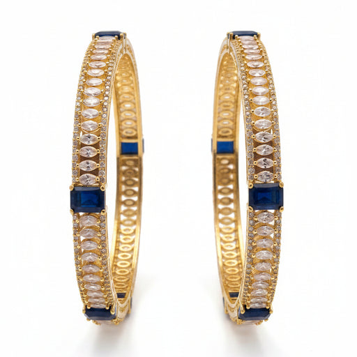 Gold Plated Bangle Pair With Marquise CZ Settings And Blue Accents