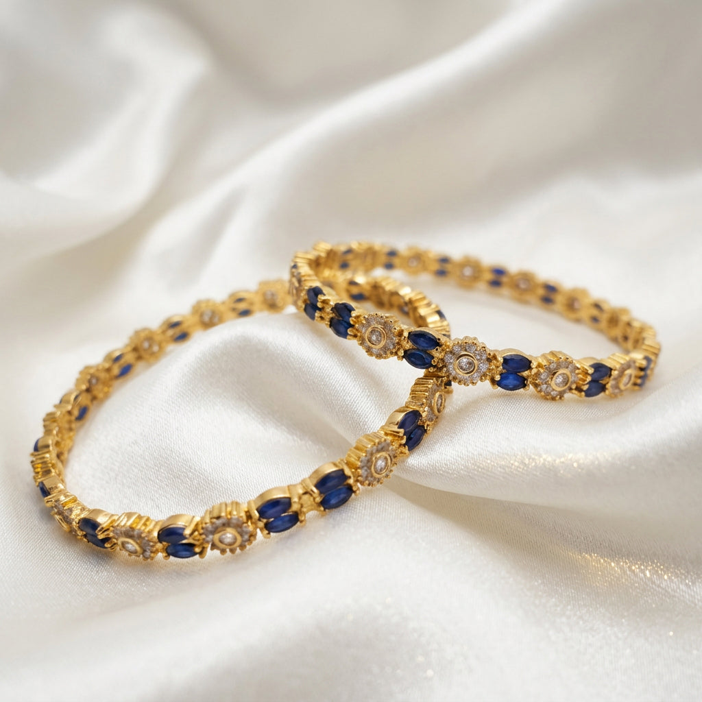 Gold Plated Blue Marquise Floral Zircon Bangles Set