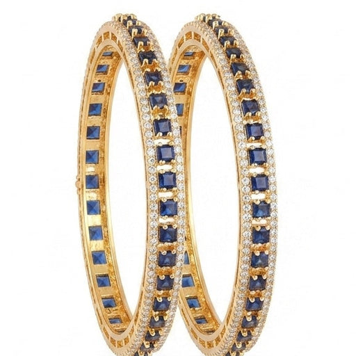 Gold Plated Blue Sapphire Square Cut Bangle Pair With White CZ Accents