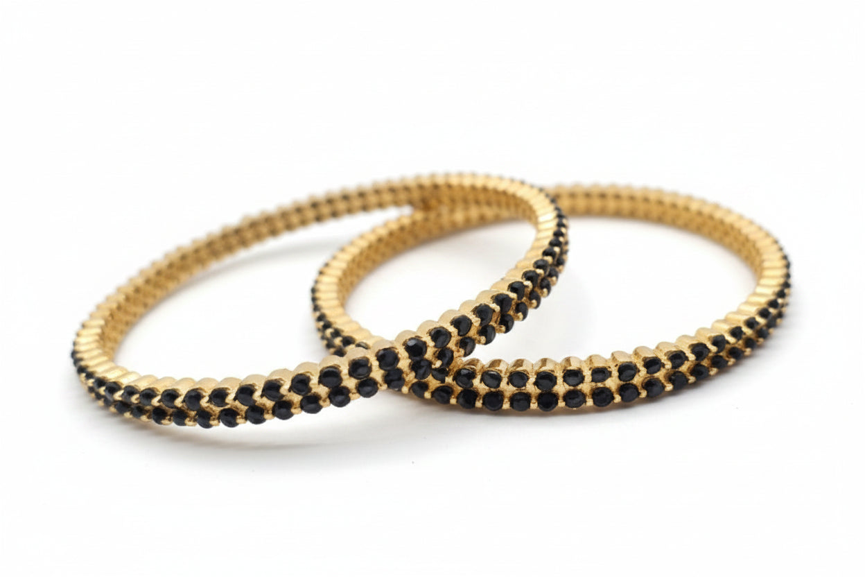 Traditional Sleek Dual Line Blue Sapphire Colored Stone Studded Bangle