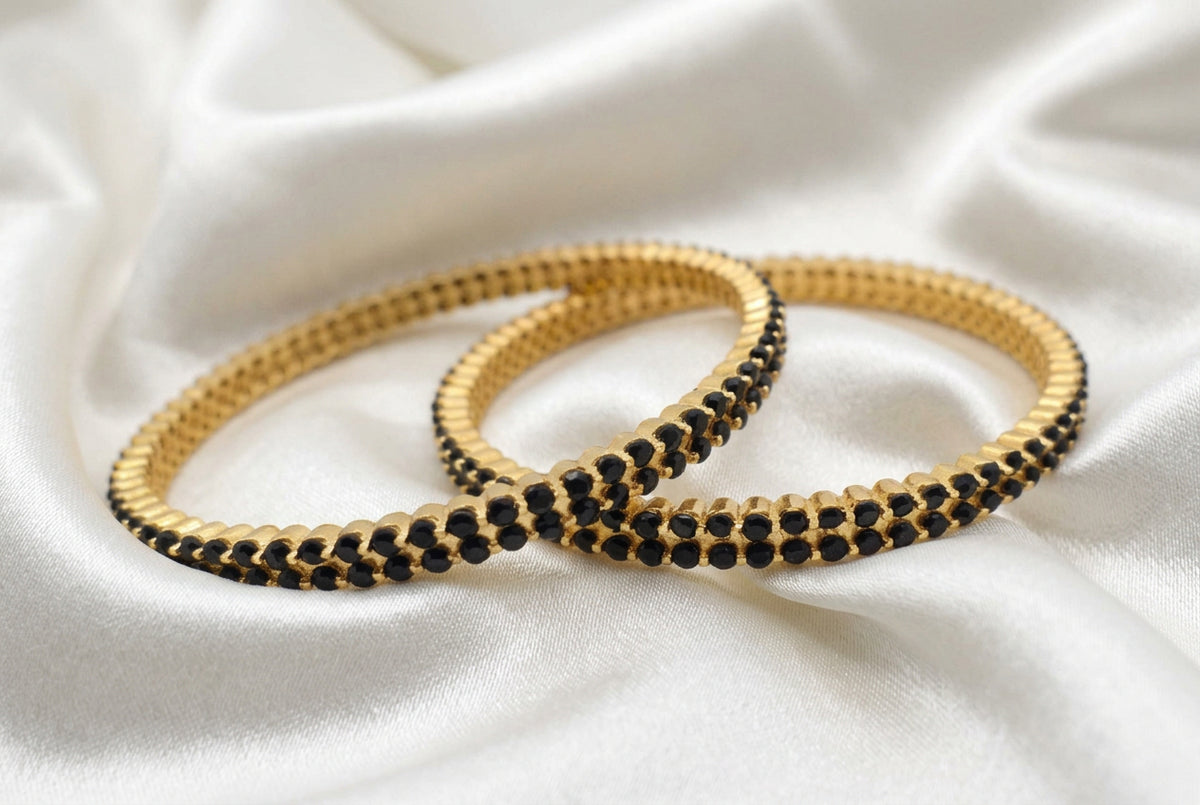 Traditional Sleek Dual Line Blue Sapphire Colored Stone Studded Bangle