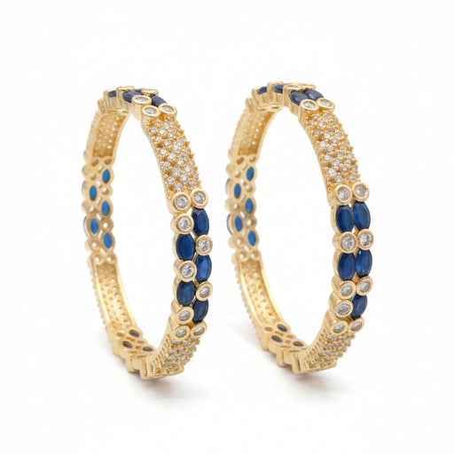 Gold Tone Oval Blue Stone Studded CZ Bangles Pair