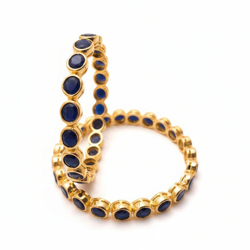 Gold Plated Blue Sapphire Oval Bezel Set Bangles Pair
