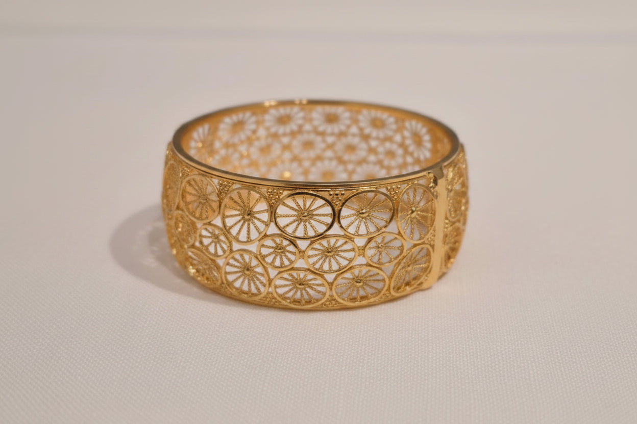 Traditional Floral Openwork Wide Mesh Design Gold Plated Bangle