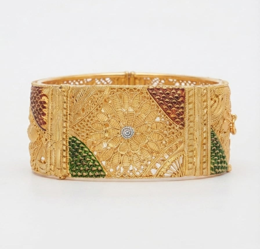 Traditional Floral Motif Wide Mesh Design Gold Plated Hinge Bangle