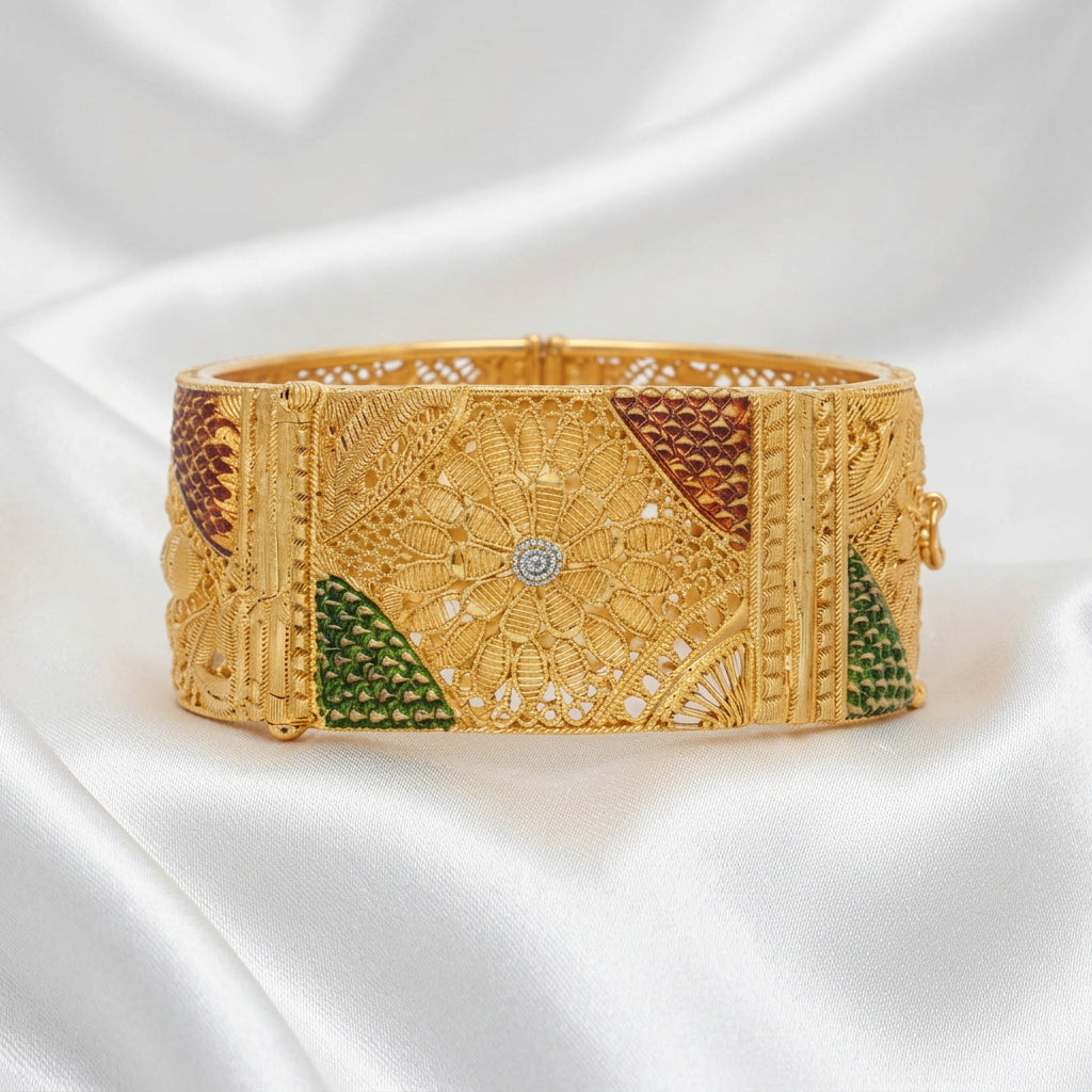 Traditional Floral Motif Wide Mesh Design Gold Plated Hinge Bangle