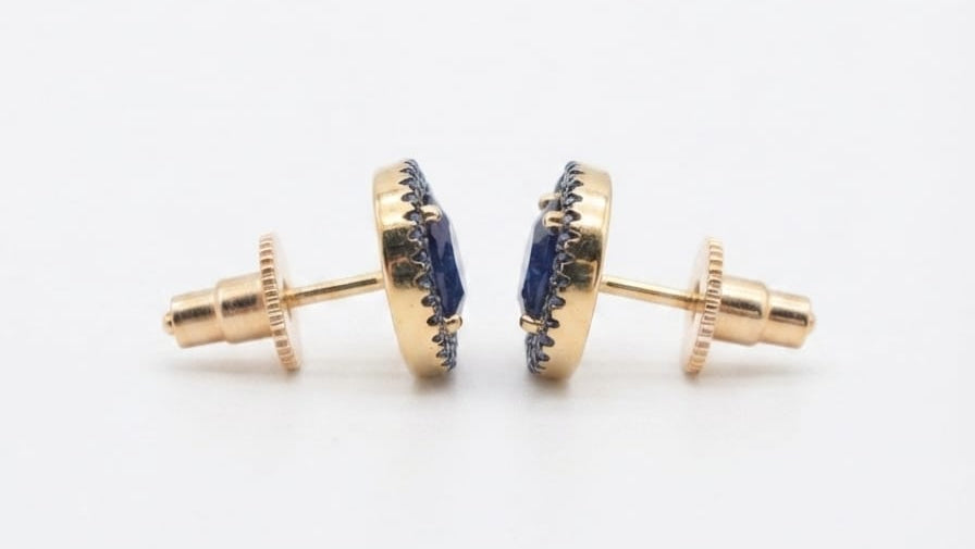 Gold Plated Round Blue Sapphire CZ Halo Stud Earrings