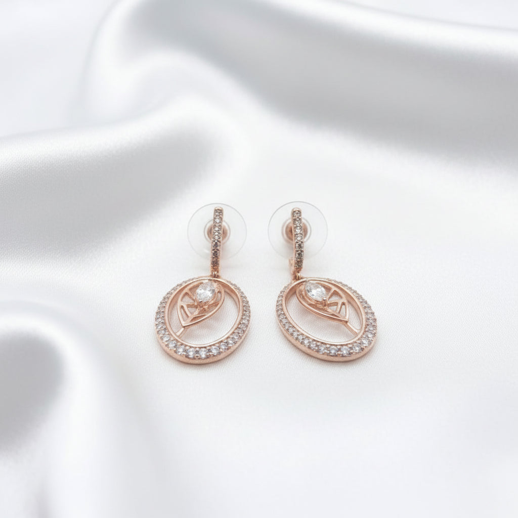 Rose Gold Plated Oval Halo Leaf Zircon Earrings