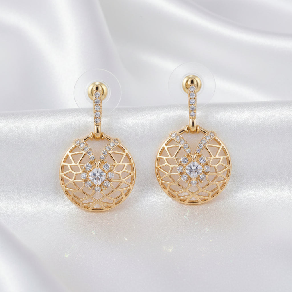 Gold Plated Circular Openwork Drop Earrings With Butterfly Centerpiece