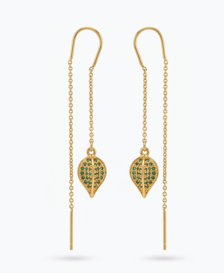 Gold Plated Green Zircon Leaf Charm Threader Earrings