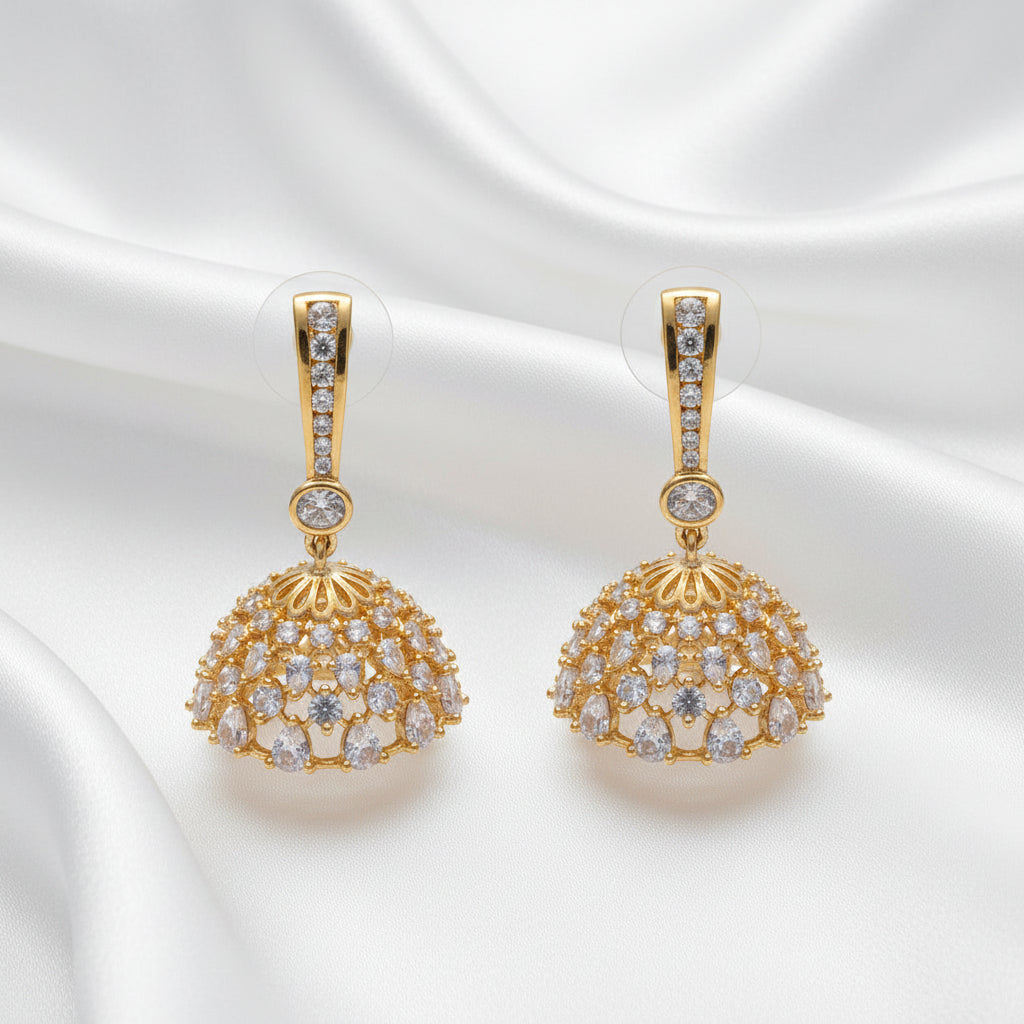 Gold Plated Traditional Dome Jhumka Earrings With Marquise CZ Stones