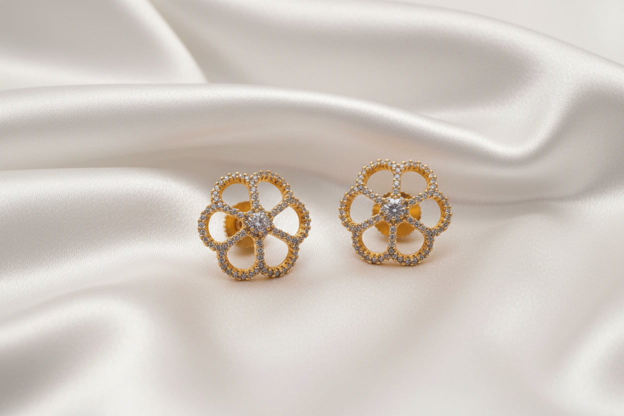 Gold Finish Sparkling Zircon Openwork Flower Studs