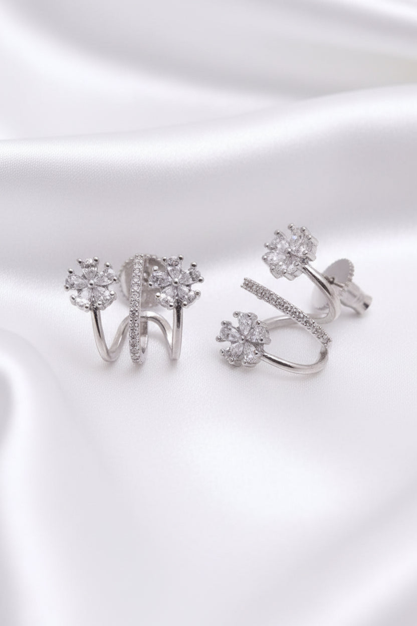 Silver Finish Dual Flower Crystal Ear Cuff Stud Earrings