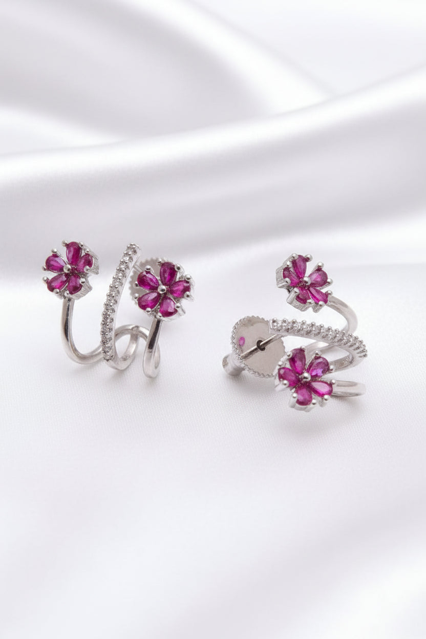 Modern Silver Finish Pink Stone Flower Ear Cuff Studs