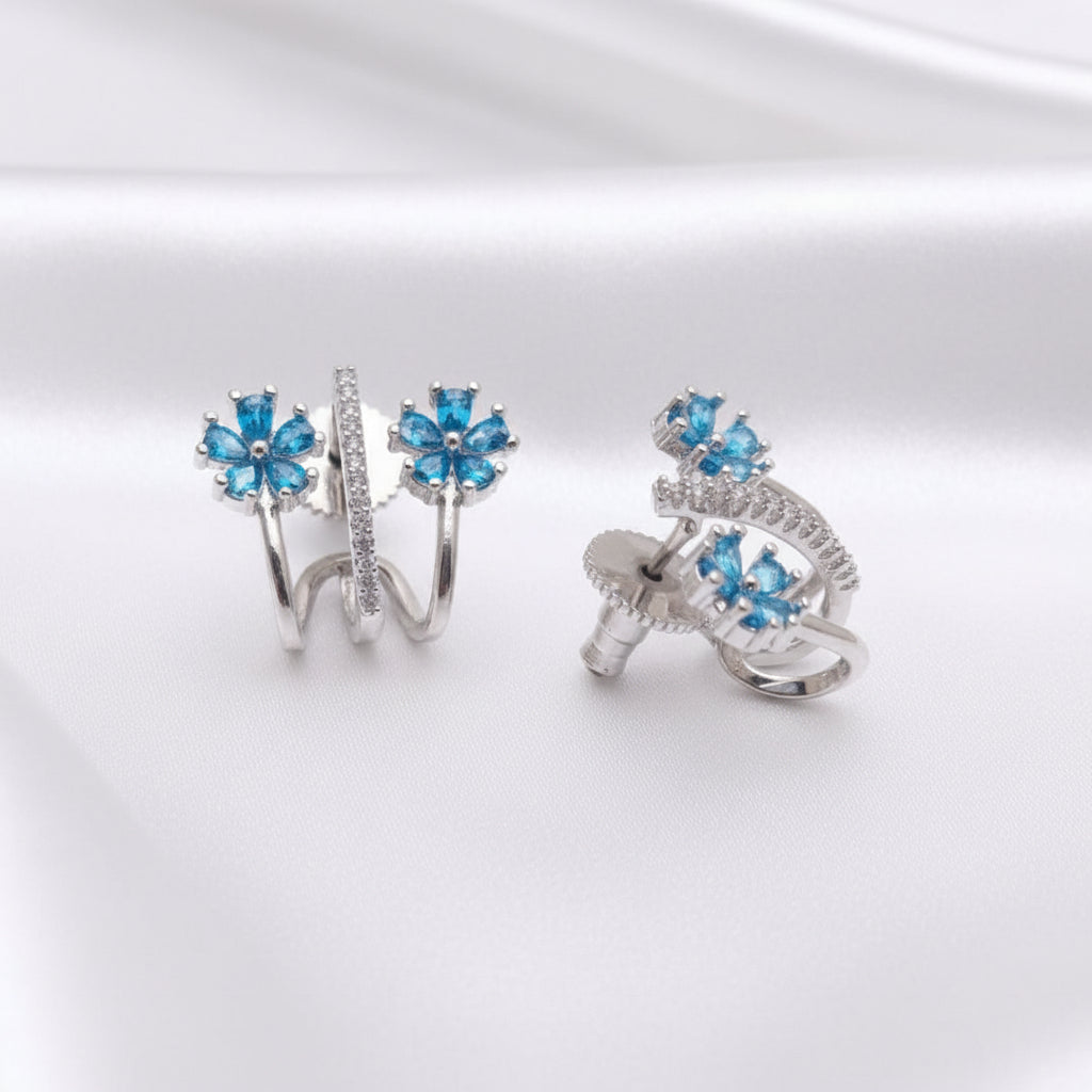 Silver Tone Dual Floral Motif Blue CZ Crystal Studded Ear Cuff Earrings