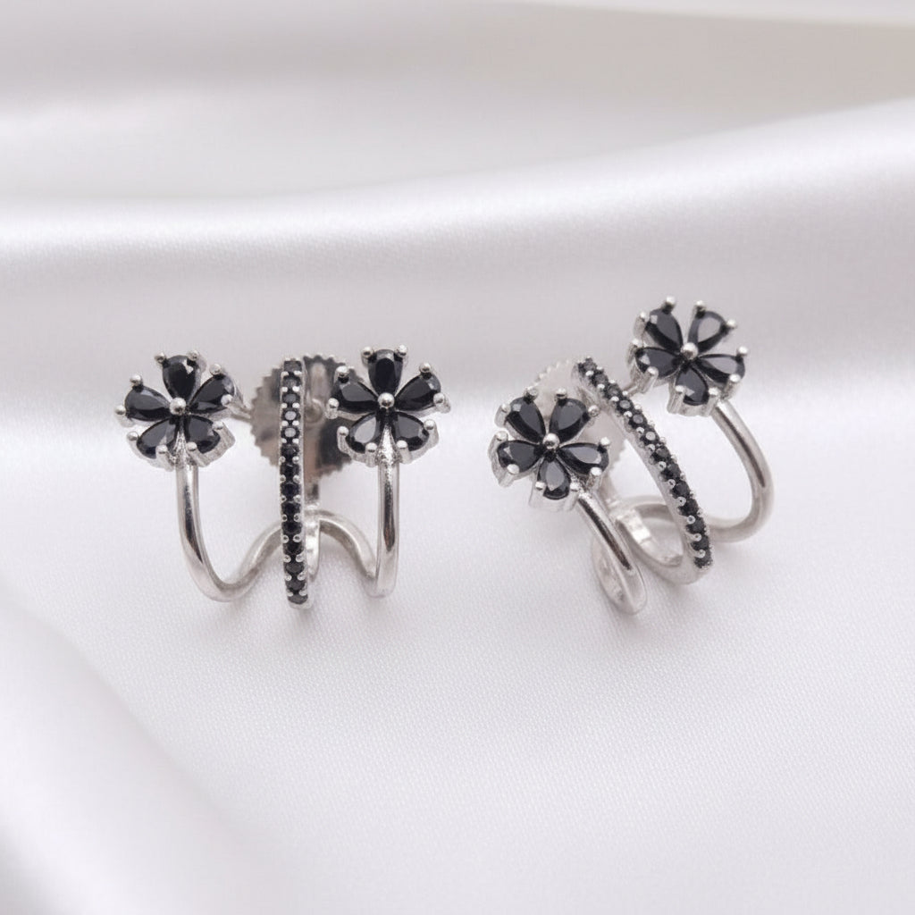 Silver Finish Black Stone Floral Ear Cuff Stud Earrings