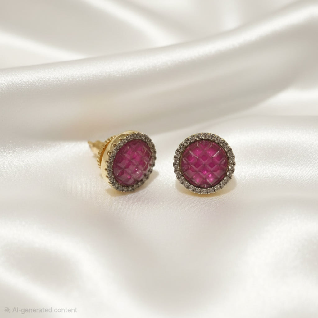 Gold Plated Round Faceted Pink Crystal Stud Earrings With CZ Halo