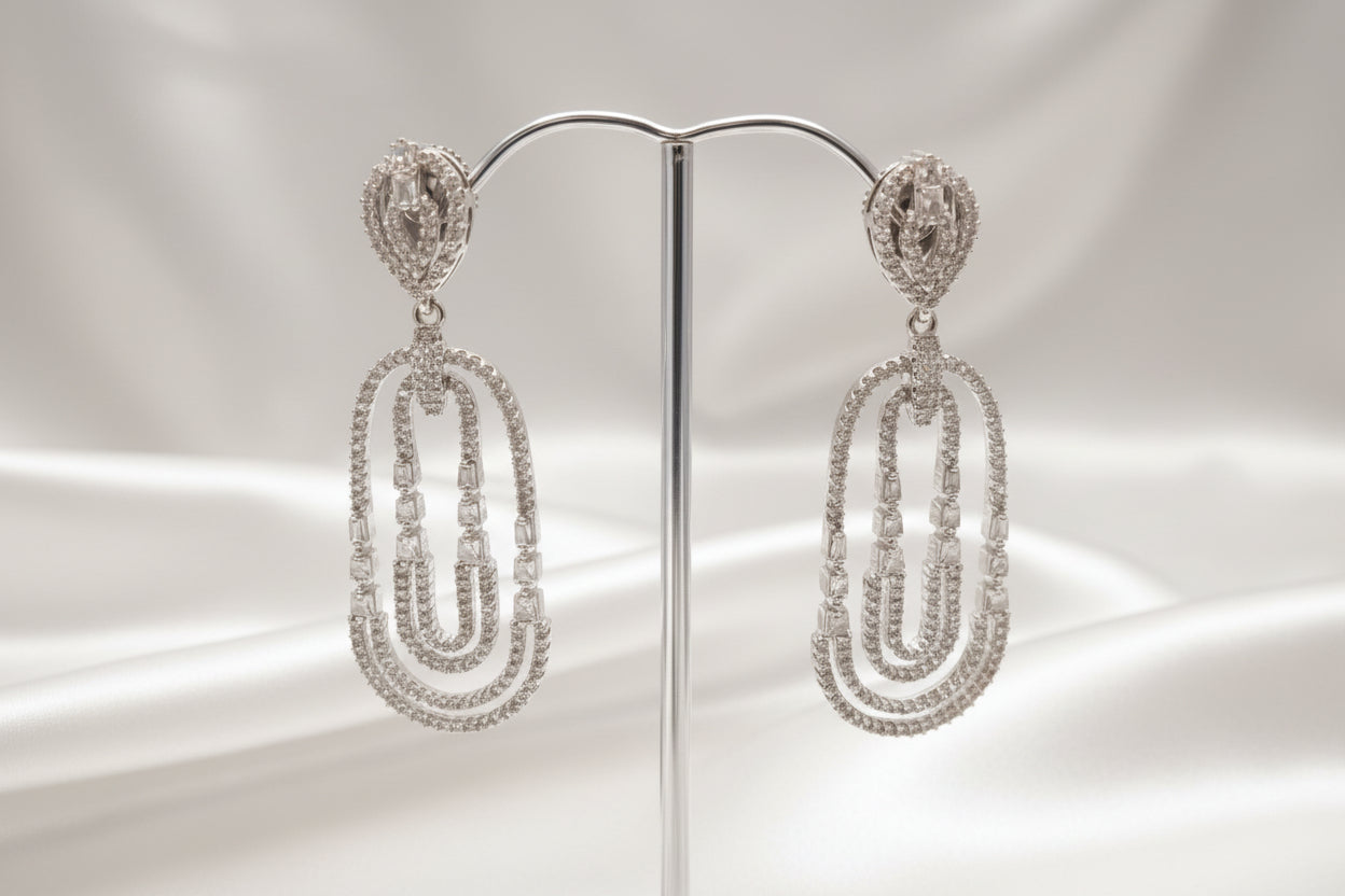 Silver Plated Geometric Drop Earrings With Layered U-Shaped Design