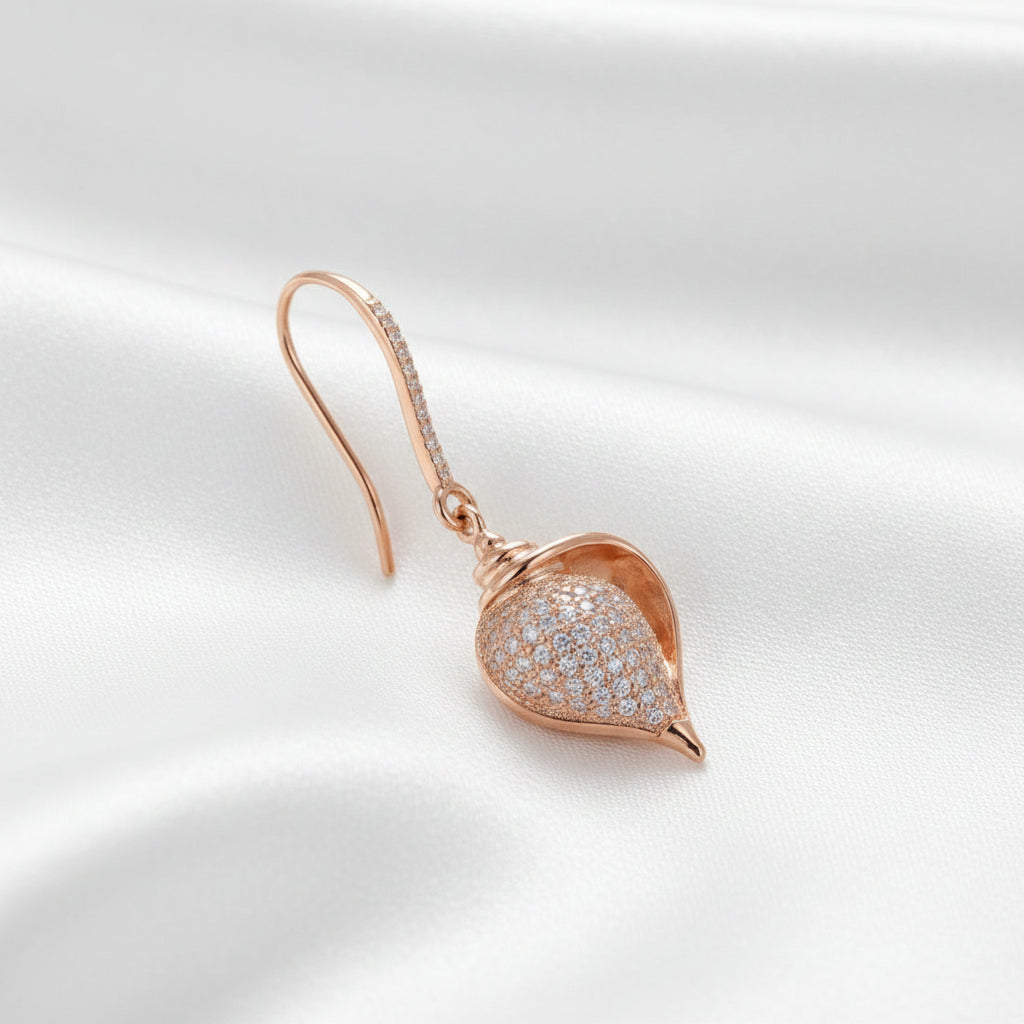 Rose Gold Plated Drop Earrings With Pave CZ Stone Shell Motif