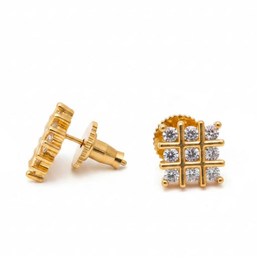 Classic Gold Finish Grid Pattern Zircon Stud Earrings