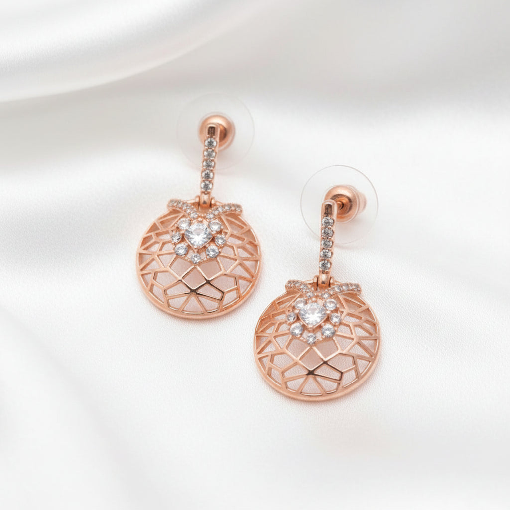 Rose Gold Geometric Lattice Zircon Drop Earrings
