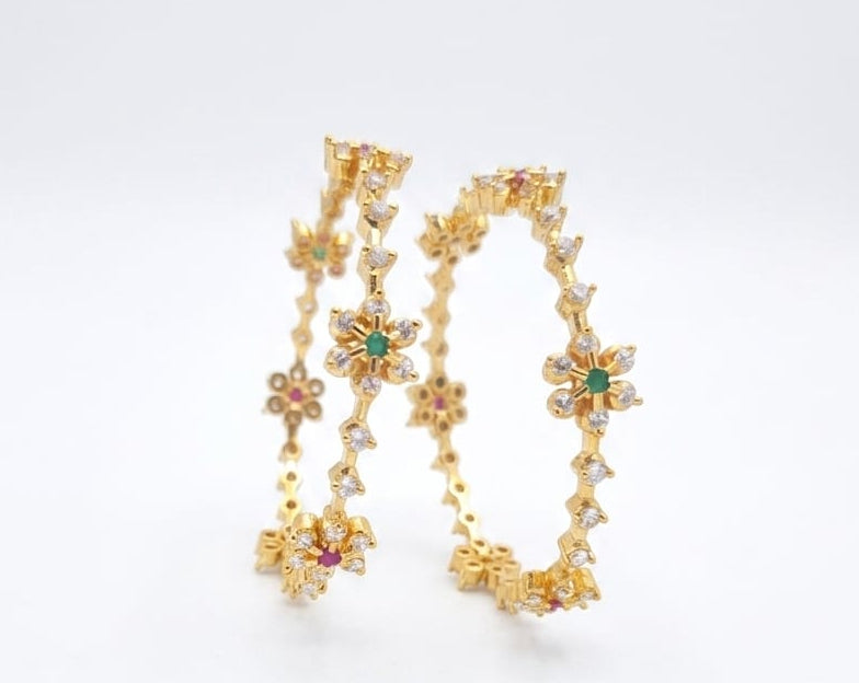 Gold Plated Delicate Floral Bangle With Multi Color CZ Stone Accents