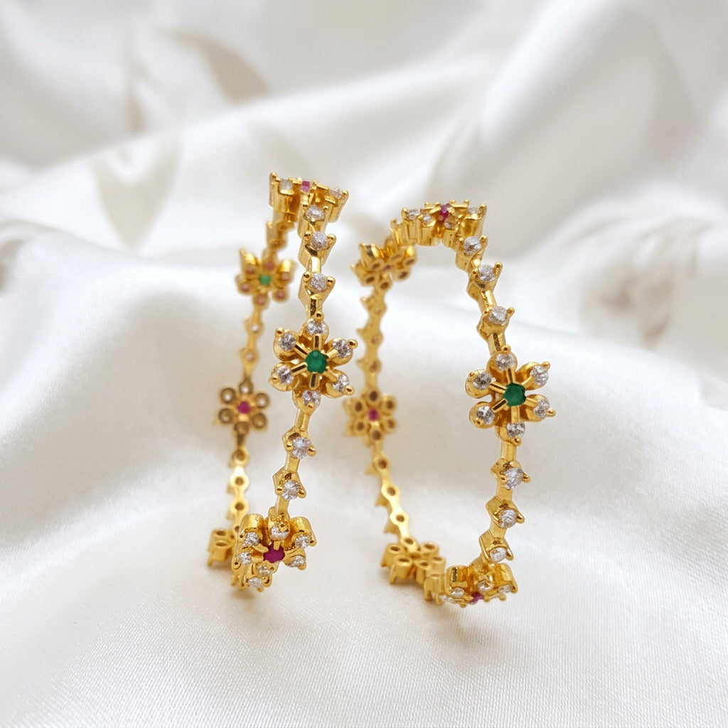Gold Plated Delicate Floral Bangle With Multi Color CZ Stone Accents