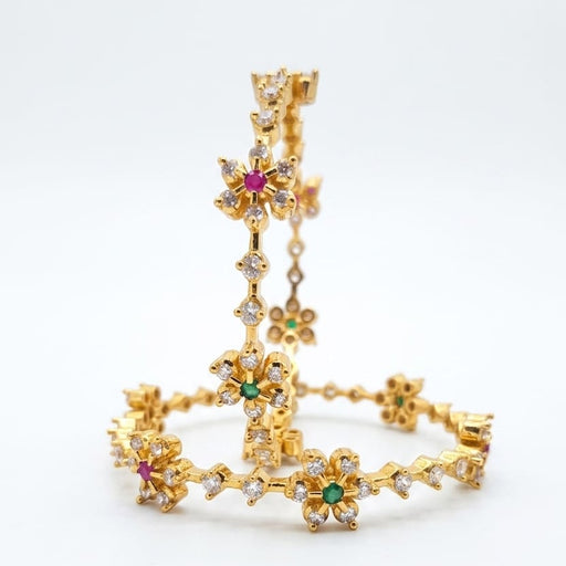 Gold Plated Delicate Floral Bangle With Multi Color CZ Stone Accents