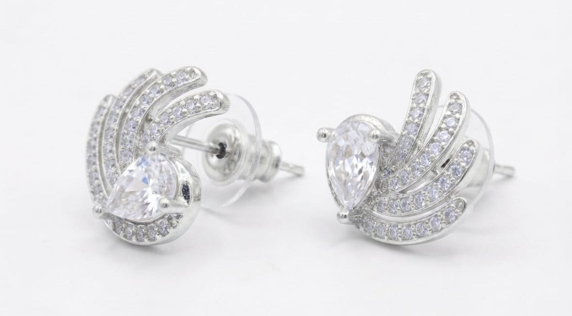 Silver Plated Curved Wing Teardrop Zircon Stud Earrings