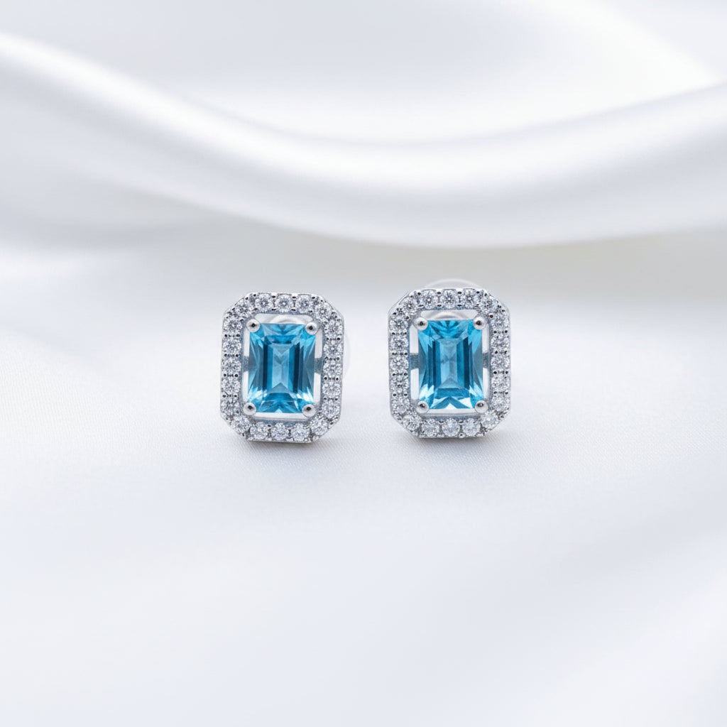 Silver Finish Sky Blue Rectangle Zircon Halo Stud Earrings