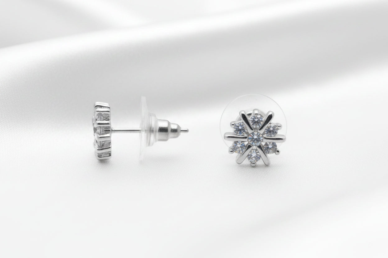 Modern Rhodium Plated Starburst Floral Zircon Studs
