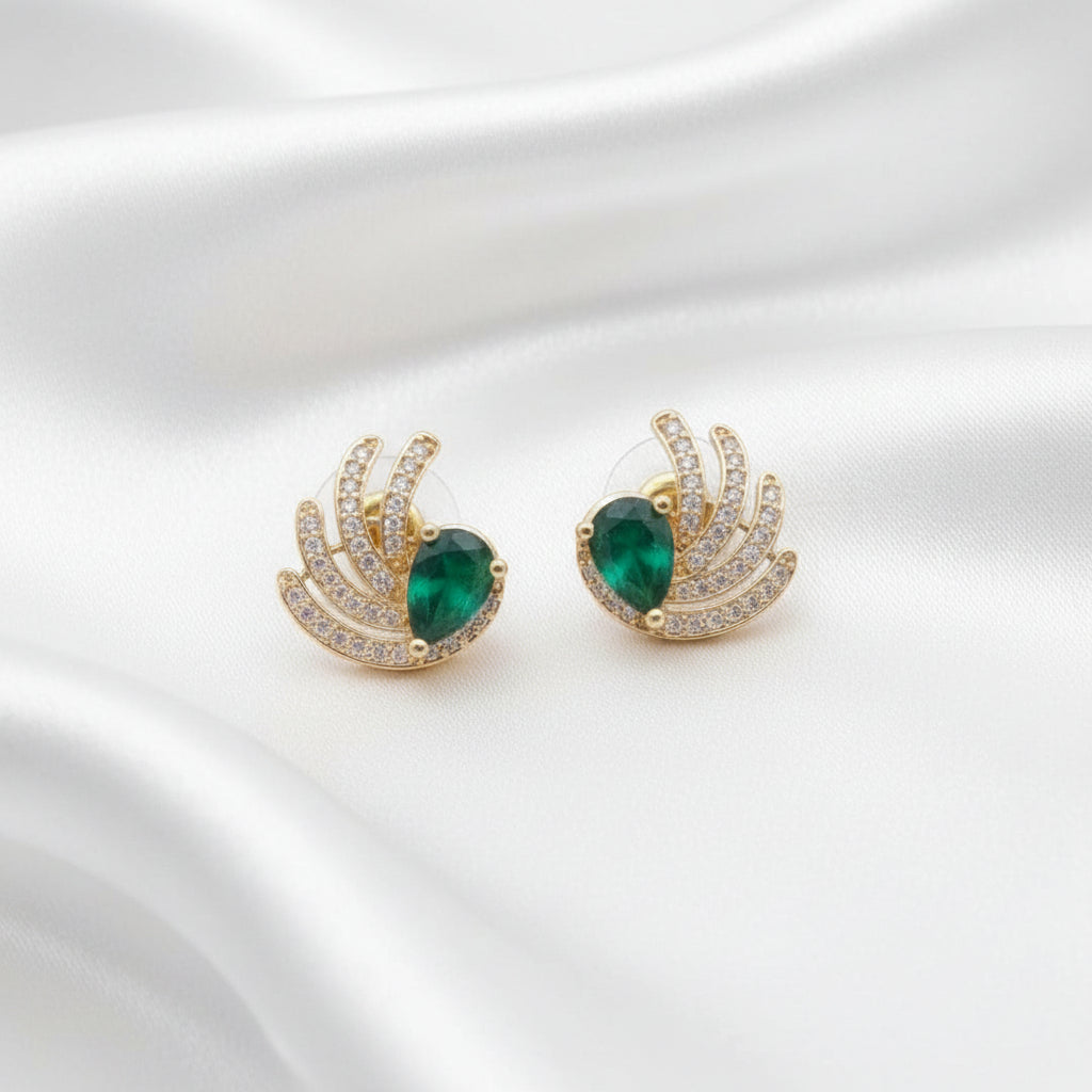 Gold Plated Green Stone Wing Stud Earrings