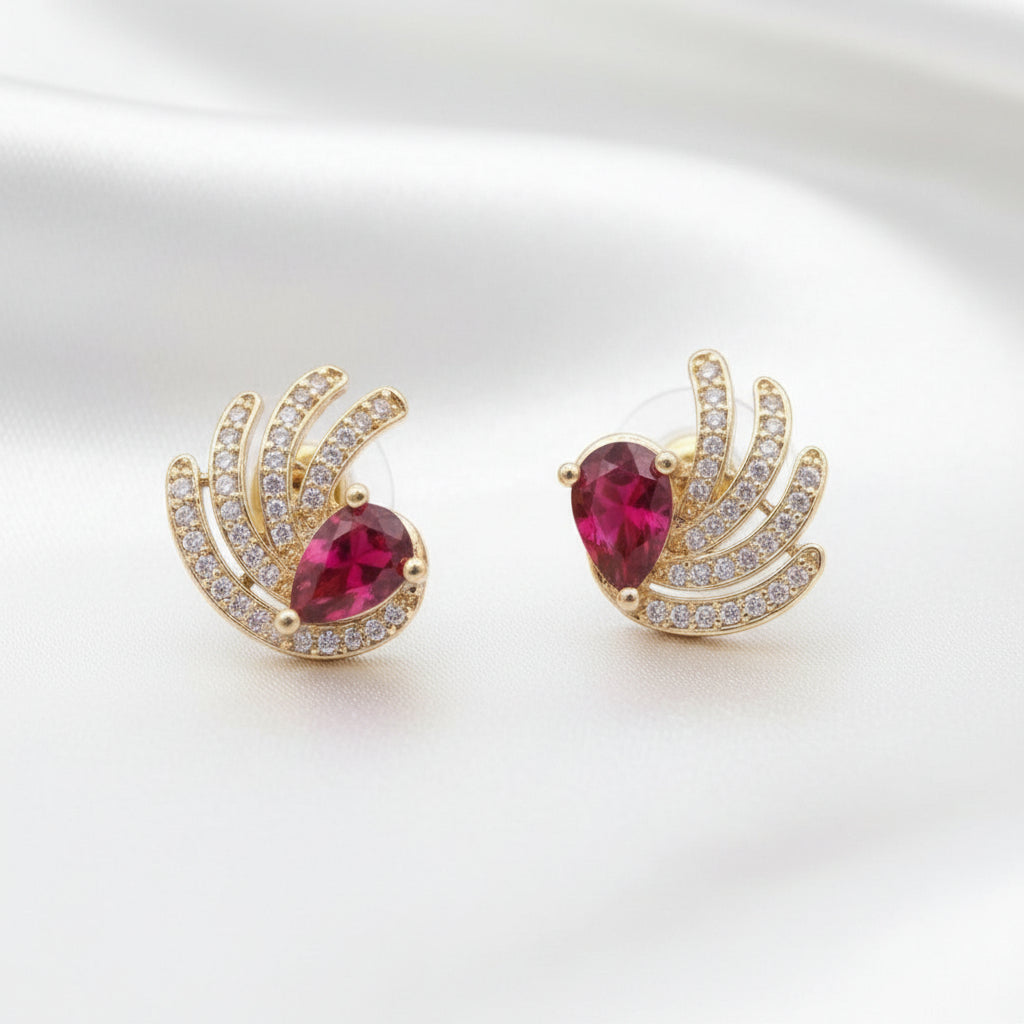 Gold Tone Ruby Red Gemstone Curved Wing Stud Earrings