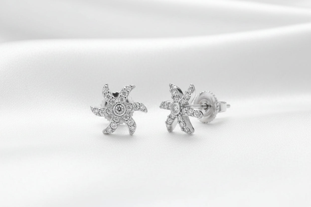 Silver Finish Floral Swirl Zircon Stud Earrings
