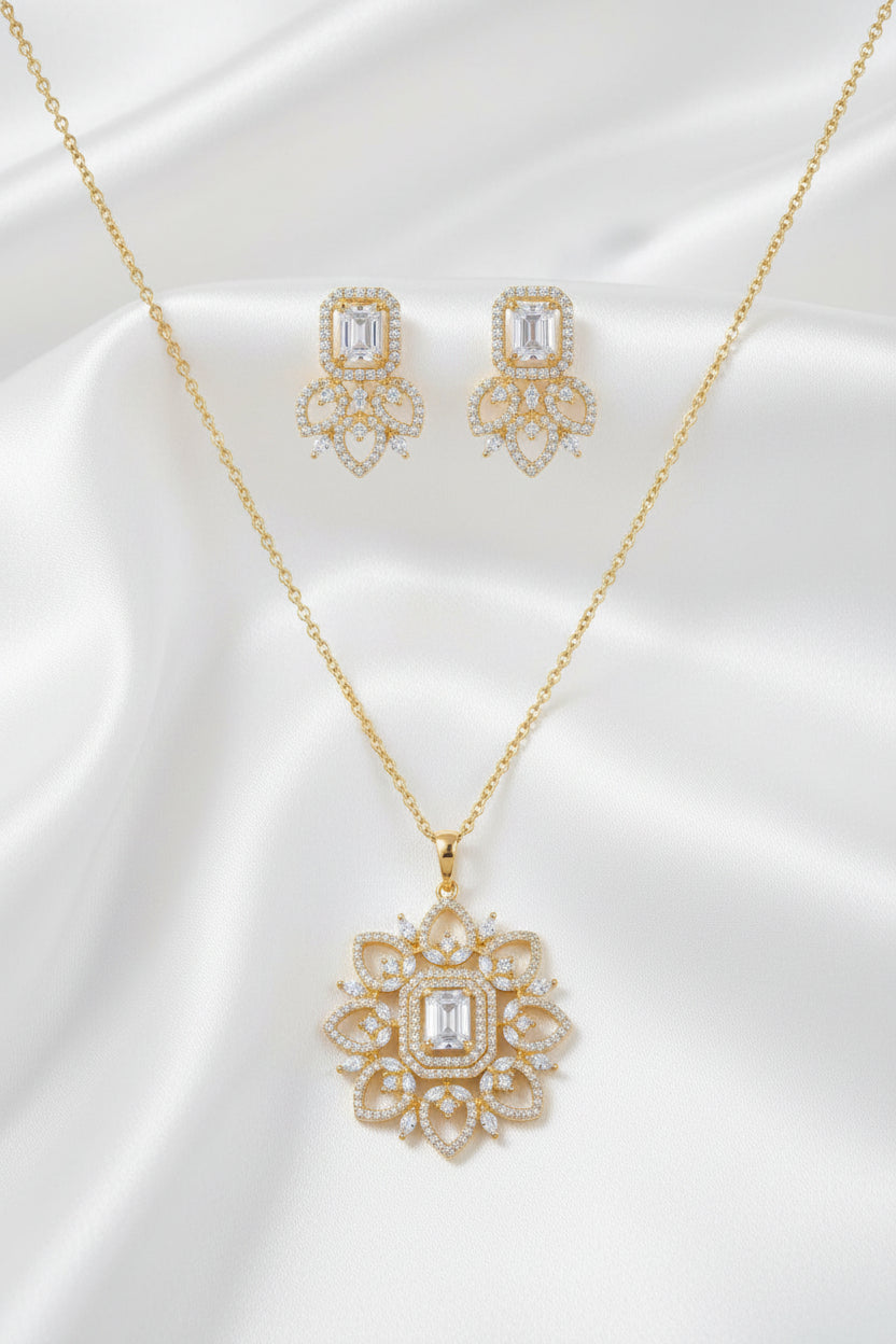 Gold Plated Pink Emerald-Cut Stone Floral Pendant and Earrings