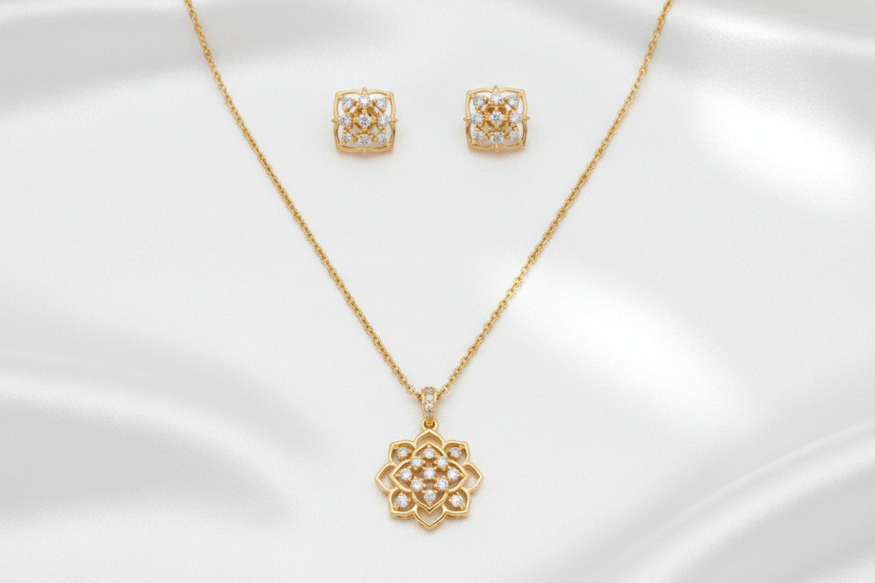 Pink Stone Floral Pendant Necklace with Stud Earrings