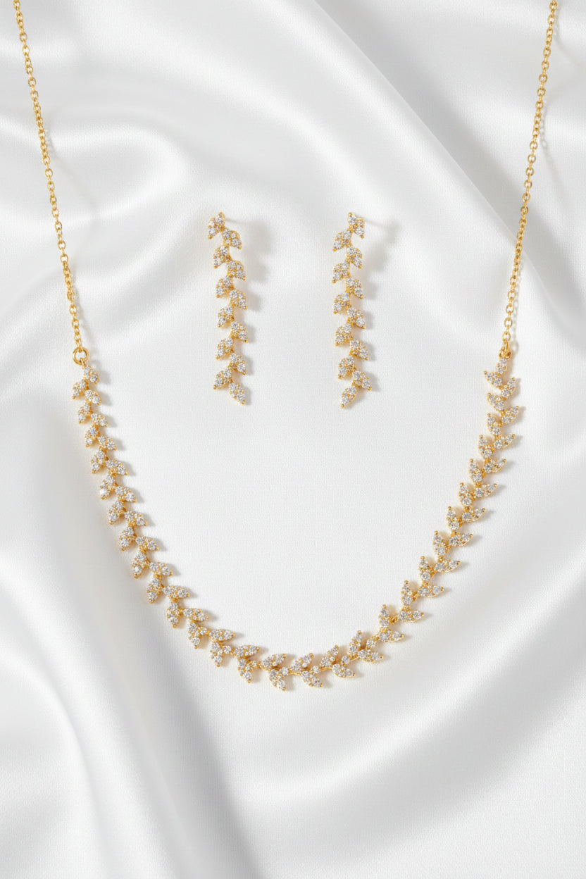 Gold Plated Zircon Leaf Vine Necklace Set with Matching Drop Earrings | Elegant Party Wear Jewelry