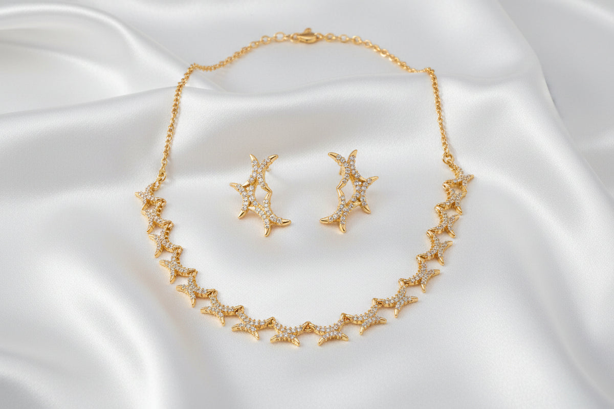 Gold Plated Zircon Star Necklace Set with Matching Stud Earrings